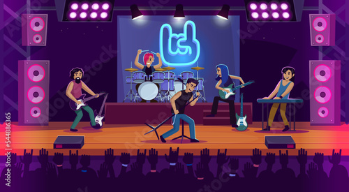 Rock concert with a band performing on a stage of a music festival. Rocker characters playing instruments: drums, guitar, keys. Popular metal group on a scene. Cartoon style vector illustration.