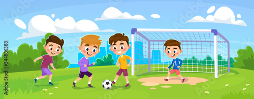 Cute young boys play soccer or football in a park outside of a city. Group of kid characters having fun outdoors. Children train with a ball on a grass field. Cartoon style vector illustration.