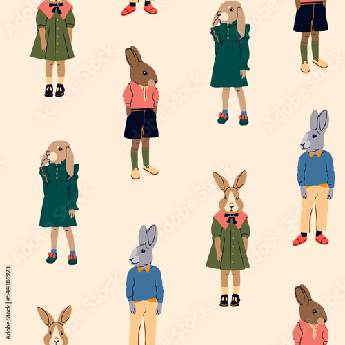 Various anthropomorphic Bunnies. Hand drawn Vector illustration. Cute cartoon creatures standing. Fashion animal characters. Different stylish clothes. New year symbol. Square seamless Pattern