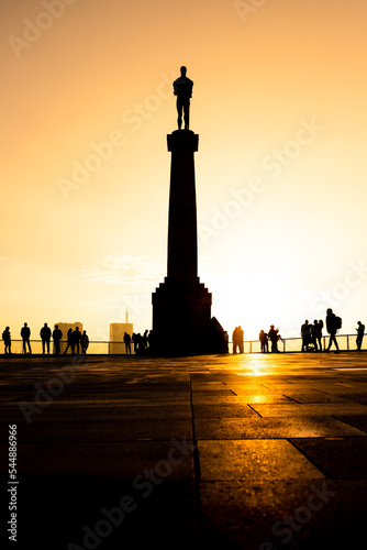 Victor monument  in serbian language known as Pobednik at historic fortress of Kalemegdan at sunset in Belgrade  Serbia
