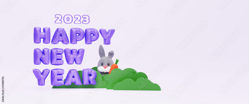 3d purple balloon of 2023 new year with rabbit bush. banner 3d illustration. new year celebration concept 3d purple balloon of 2023 new year with rabbit bush. banner 3d illustration. new year celebration concept
