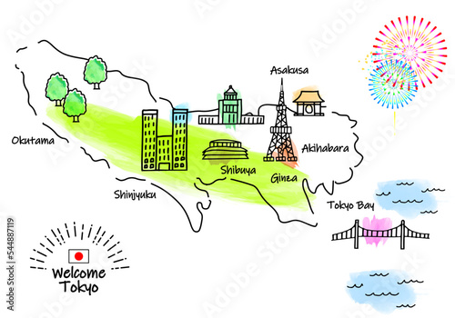 手書きの東京の観光地のシンプル線画イラストマップ