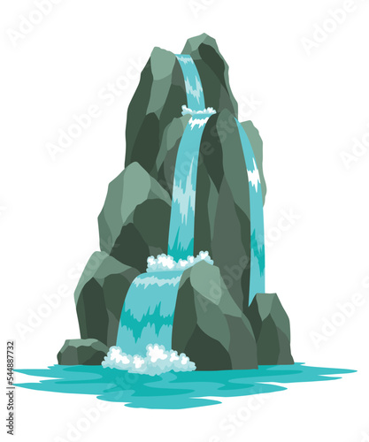 Cartoon river cascade waterfall. Landscape with mountains and trees. Design element for travel brochure or illustration mobile game. Fresh natural water