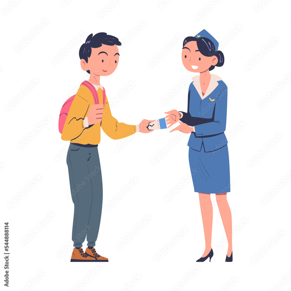 Man Character at the Airport Gate with Backpack Boarding Plane with Ticket Vector Illustration Man Character at the Airport Gate with Backpack Boarding Plane with Ticket Vector Illustration