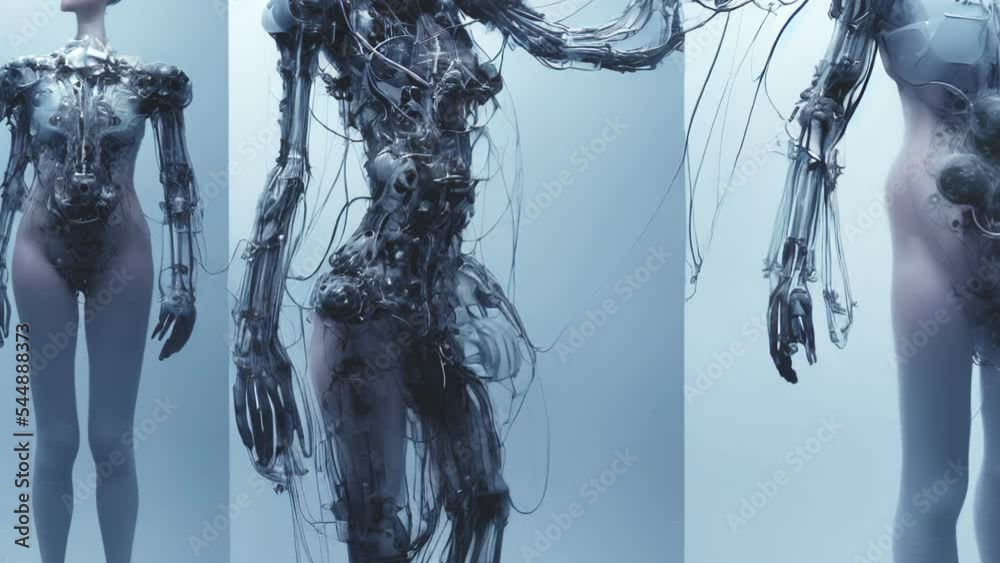 Animation Generative AI of digital portraits of futuristic female robot retro sci fi drawing with woman face and bionic body. Digital image grey photorealistic cyborgs