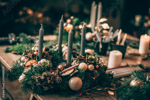 components for preparation of traditional christmas advent wreath
