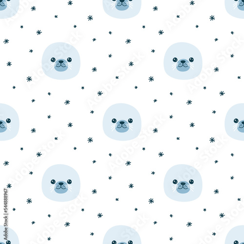 Vector seamless pattern with cute muzzles of fur seals