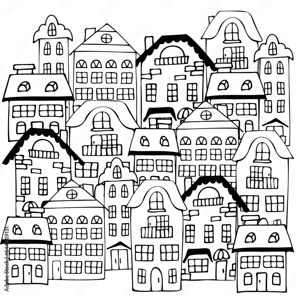 Hand-drawn sketch with town houses on a white background. Children's coloring. City with buildings