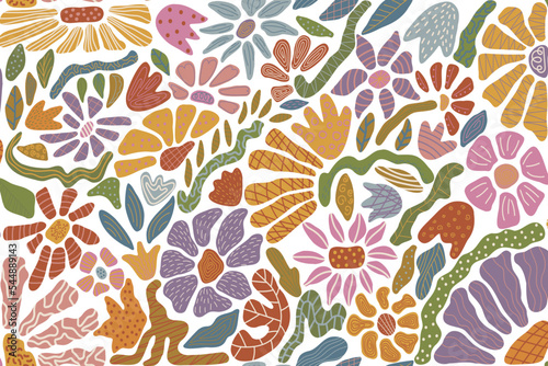 Retro hand drawn floral seamless pattern. 60s -70s style . Amazing groovy flower background. Template for fashion prints