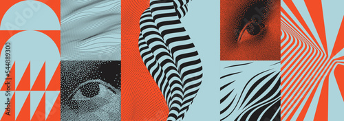 Art composition. Cover design template. Eye. Digital vision. Wave grid background. Optic art. Pattern with optical illusion. Illustration for brochure, poster, poster, flyer, banner.