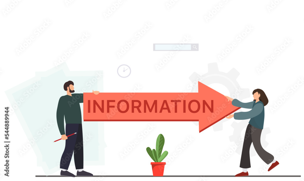 People holding sign post with information word, signs for web sites design, searching information concept, flat vector illustration People holding sign post with information word, signs for web sites design, searching information concept, flat vector illustration