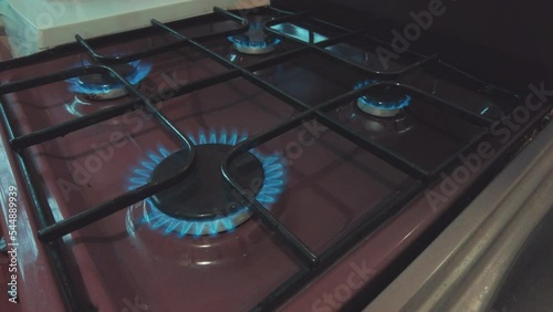 blue natural gas burns gas stove on all burners ecology energy crisis concept. High quality 4k footage