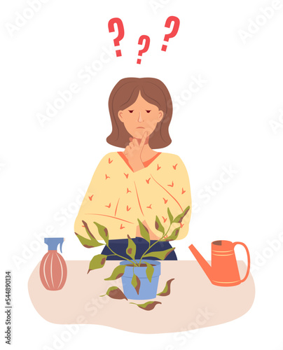 A thoughtful girl looks at a wilting potted plant. Indoor flower dries and sheds leaves. Houseplant care and growing problems. Vector illustration in flat style on a white background