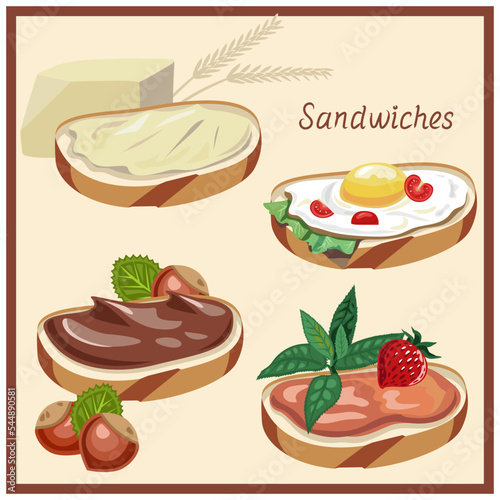 Set of options for sandwiches with butter, jam and chocolate on the piece of bread. Isolated. Vector.