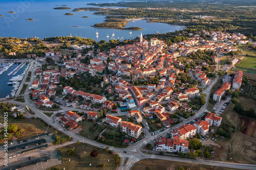 Aerial view to the town of Vrsar (Orsera) on Istrian coast of Croatia at sunrise.
