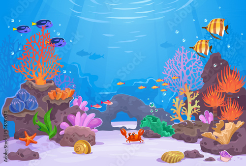 Underwater life background. Сoral reef in an ocean with its inhabitants. Aquarium with colorful fish. Crab, starfish, shellfish and seaweed on the sea bottom. Cartoon style vector illustration.