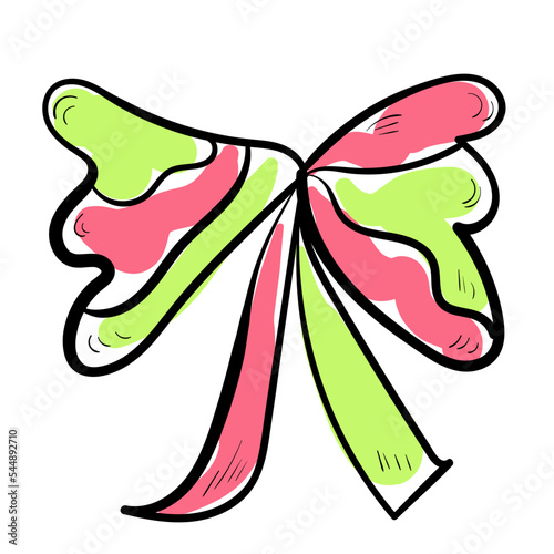 Doodle ribbon illustration. Colourful celebration line art icon on white background.