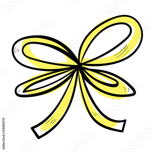 Doodle yellow ribbon illustration. Colourful celebration line art icon on white background.