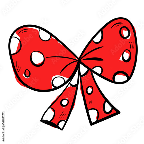 Doodle red ribbon illustration. Colourful celebration line art icon on white background.