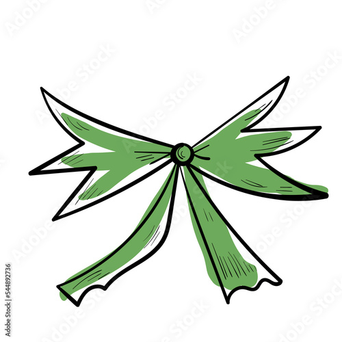 Doodle green ribbon illustration. Colourful celebration line art icon on white background.