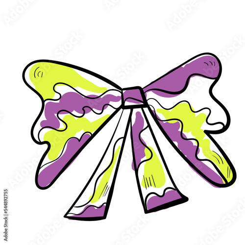 Doodle yellow purple ribbon illustration. Colourful celebration line art icon on white background.