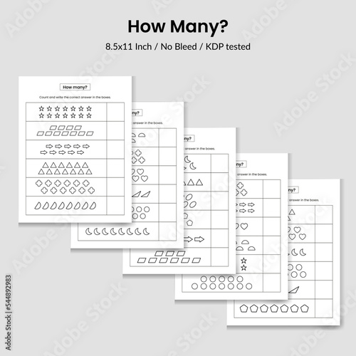 Count how many educational children game, kids activity sheet.Count and write down the answer.