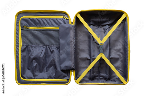 Open bright suitcase empty on white isolated background