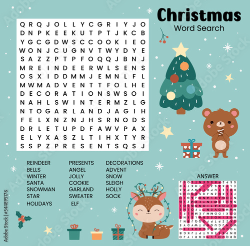 Christmas word search puzzle with answer. Game for learning English. Printable worksheet for children about winter holidays. Educational crossword game. Funny cartoon animals. Vector illustration.