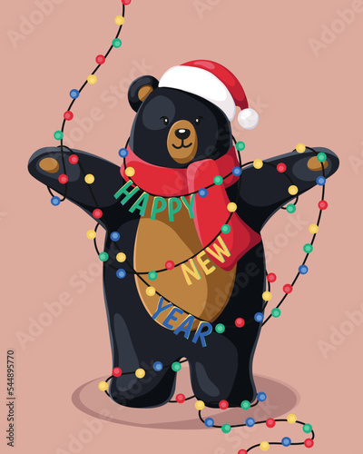 Happy New Year and Merry Christmas. Christmas bear with New Year. Illustration withchristmas lights. Christmas card. Vector.