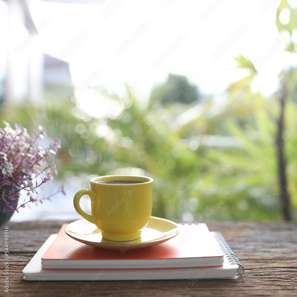 Yellow coffee cup and orange notebook and Mini Turtle Plant Yellow coffee cup and orange notebook and Mini Turtle Plant