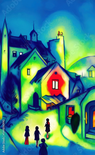 Digital illustration of colorful vintage village at night, rural landmark. Naive contemporary art. Wall decoration artwork. Old houses. Oil and pastel painting digital imitation. High quality print.