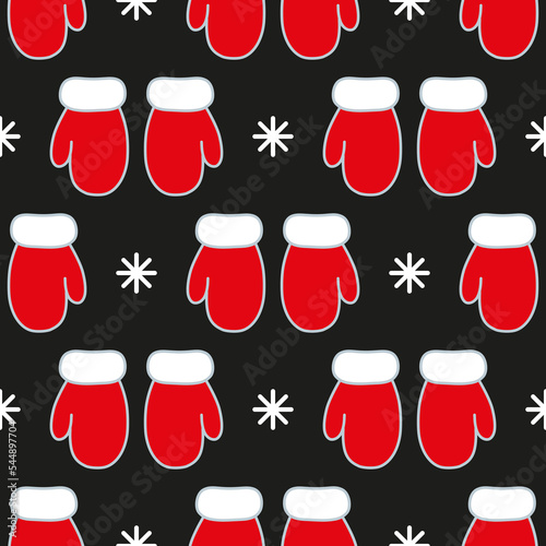 Cute red mittens and white snowflakes on black background. Seamless vector pattern. Christmas background for festive designs, textile prints, wrappings, decorations, banners, cards, and invitations.