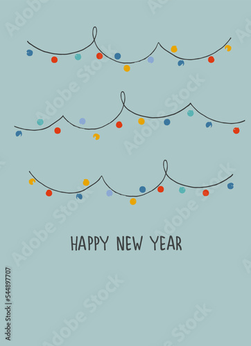Happy New Year 2023 greeting card template. Stylish Scandinavian design with hand drawn ights and hand lettering arranged in vertical rectangular