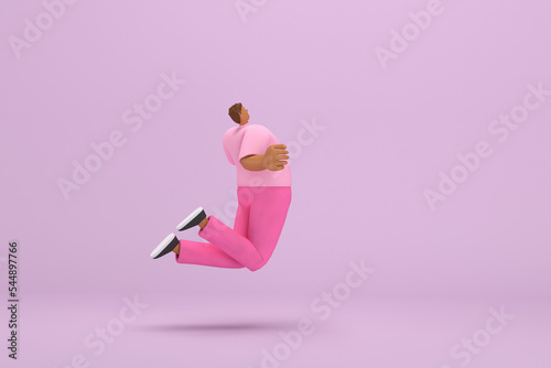 The black man with pink clothes.  He is jumping. 3d rendering of cartoon character in acting.