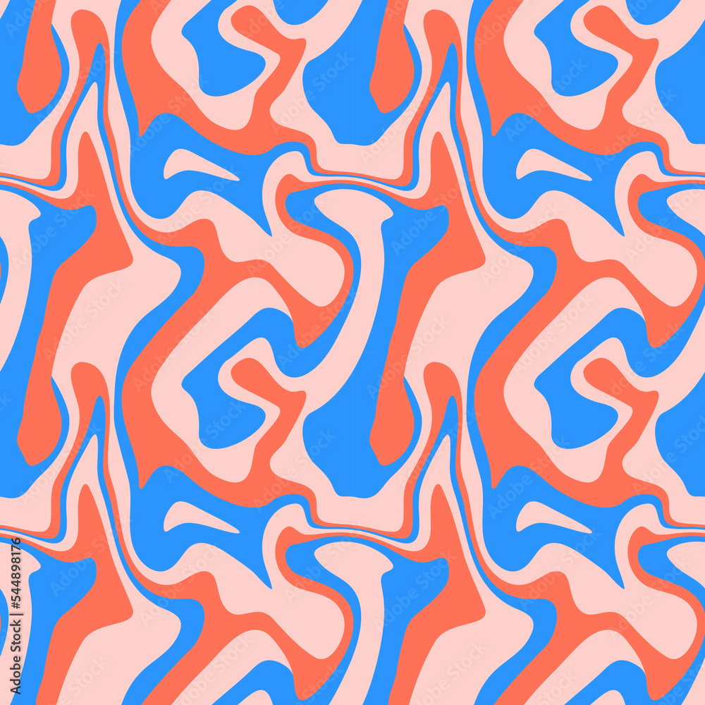 1970 liquid marble seamless pattern. Red blue wavy swirl texture. Groovy trippy distort psychedelic background.