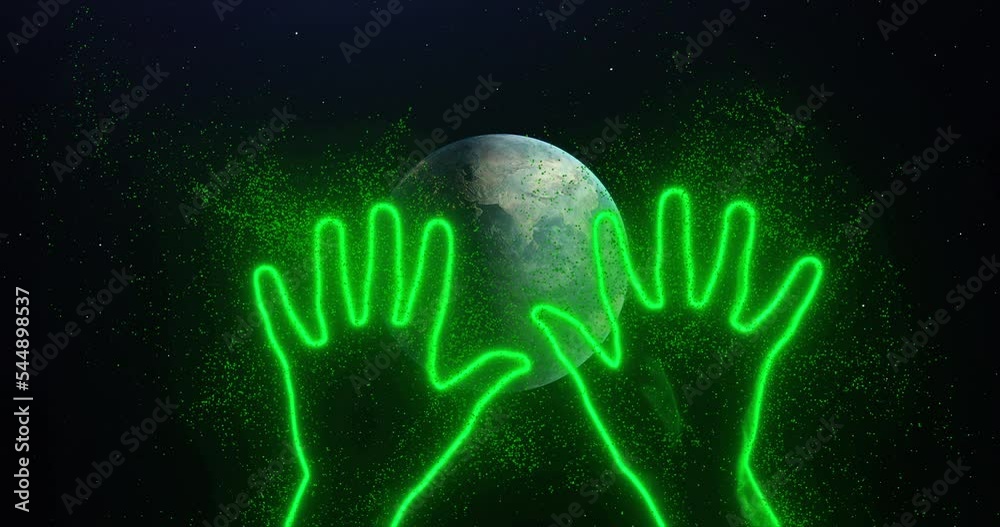 Two hands wave their palm in space among planet earth rotating, stars. Abstraction, 3d render, neon glowing lines and particles. Red outline of hands. Sign of greeting, fanaticism, adoration, party. Two hands wave their palm in space among planet earth rotating, stars. Abstraction, 3d render, neon glowing lines and particles. Red outline of hands. Sign of greeting, fanaticism, adoration, party.