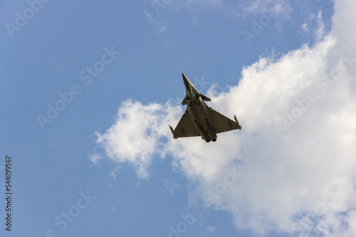 French fourth-generation multirole fighter Dassault Rafale. Demonstration flight. Close-up. 100 years of Russian Air Force. Zhukovsky, Russia, August 10, 2012 photo