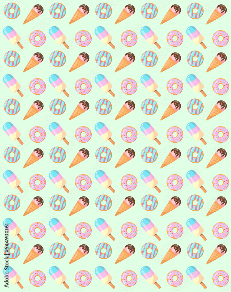 Pattern with sweets and ice cream, cupcakes on a light green background. Pattern for birthday. Phone background. Sweet pattern. Wrapping paper.