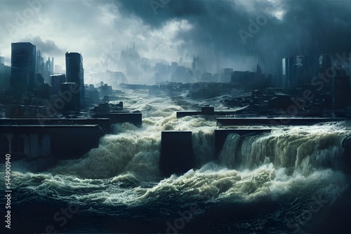 A giant tsunami floods a city. 