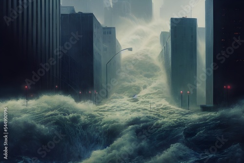 Fototapet A giant tsunami floods a city.