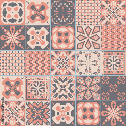 Pink square seamless pattern, spanish tiles Azulejo talavera, pastel gray vintage ornate decoration, vector illustration