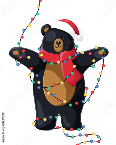 Happy New Year and Merry Christmas. Christmas bear with New Year. Illustration withchristmas lights. Christmas card. Vector.
