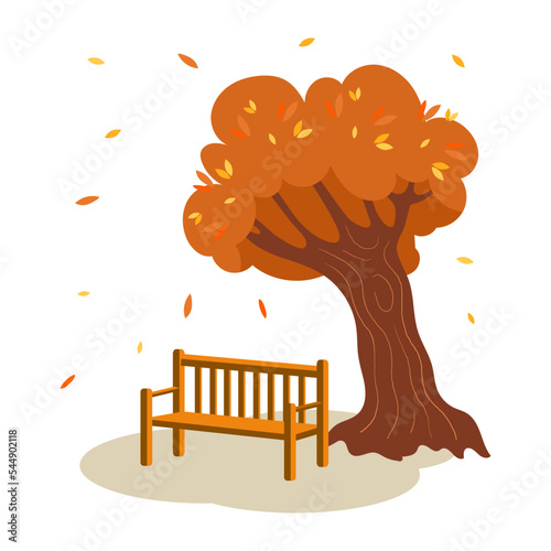 Wooden bench under an autumn tree. Autumn landscape. Vector illustration.