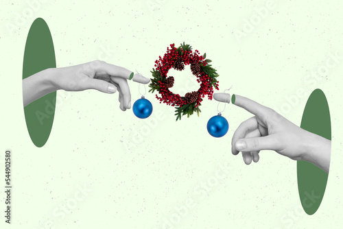 3d retro abstract creative artwork template collage of arms pointing finger pine wreath hanging xmas balls isolated painting background