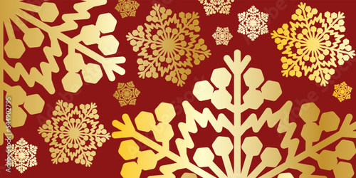 Simple christmas background with golden snowflake on red scarlet background, illustration for design and decoration