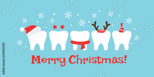 Cute teeth with xmas accessories on Merry Christmas dentist greeting card. White happy winter teeth in santa hat with deer horns photo props. Flat design cartoon style vector illustration.