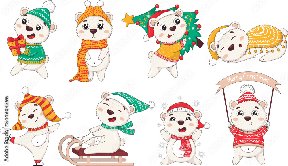 Bundle of cute cartoon new year polar bears in winter clothes with christmas tree, skating, sledding, catching snowflakes, carrying gifts, sleeping,