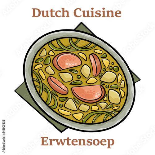 Classic Dutch pea soup erwtensoep, snert closeup in the plate on white backgrund