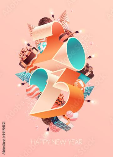 New year poster 2023. 3D numerical design with color Christmas decoration.