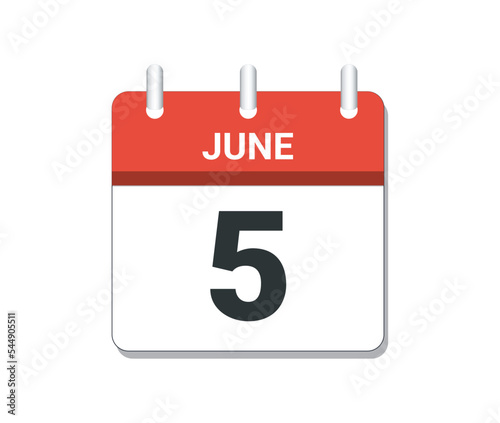 June 5th calendar icon vector.